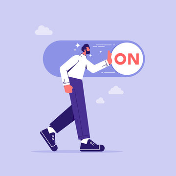 Turn on switch, start or begin business, setting or preference concept, businessman push setting button switch to on position