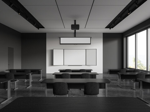 White and gray school classroom interior with whiteboard
