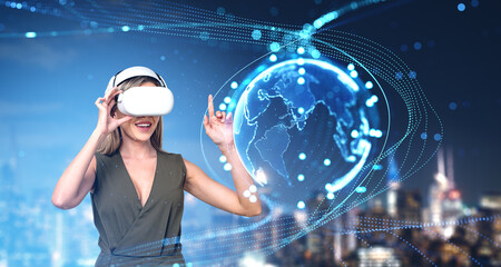 Happy woman in vr headset with earth globe glowing, working in m