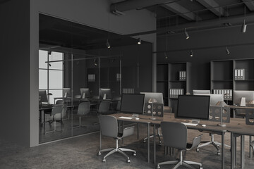 Grey office room interior with coworking and meeting room, pc computers