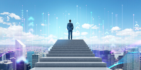 Man on staircase looking at city with network hologram