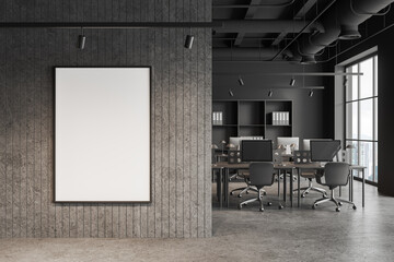 Grey business interior with table in row and panoramic window. Mockup frame