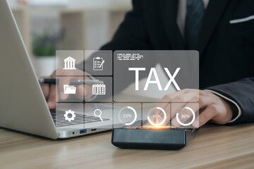 Business using a computer to complete Individual income tax return form online for tax payment....