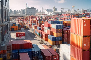 Fototapeta premium View of cargo container for export by ship forwarder mast. Transportation Logistics of international container cargo shipping in container. Generative AI.