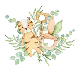 Welcome baby card with tiger doll, teething toy, and eucalyptus branches. Hand drawn watercolor illustration eco baby toys for card, poster, invitation, baby shower, tags, printing, nursery