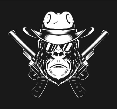 Gorilla Wearing Cowboy Hat And Revolver Gun