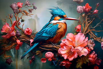The lord of the flowers kingfisher on the tree. Generative AI