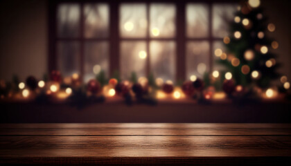 Empty wooden table with christmas theme in background - obrazy, fototapety, plakaty