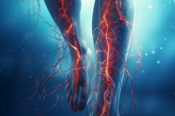 Close-up of leg with varicose veins disease. Glowing illustrative image - obrazy, fototapety, plakaty