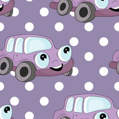 Seamless pattern with cute car on color background. Cartoot transport. Vector illustration. Doodle style. Design for baby print, invitation, poster, card, fabric, textile