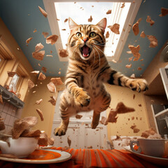 Gato en cocina y desayuno