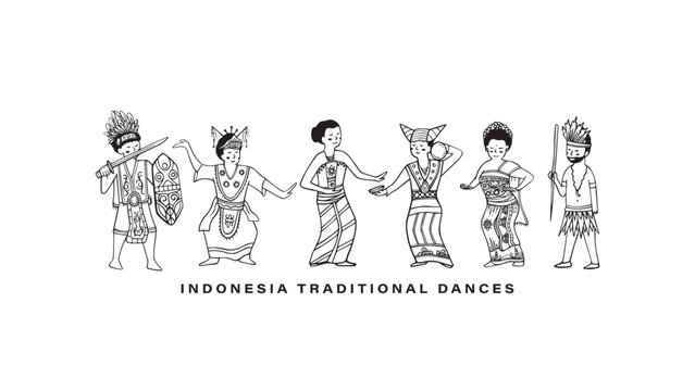 Indonesia traditional dances vector with line art drawing doodle concept design