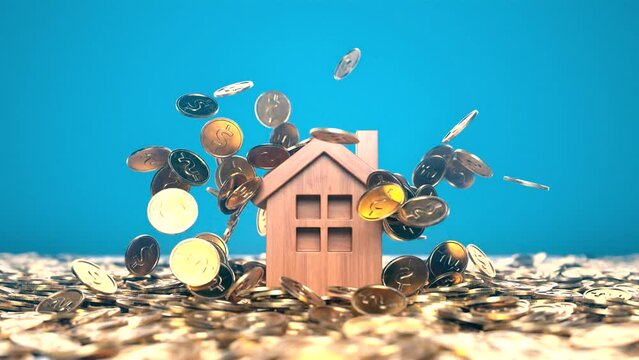 Wooden house rise from the pile of gold coins, The Business concept