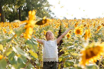 girl with sunflowers on the field, girl in the field, field of sunflowers, girl in a field of...