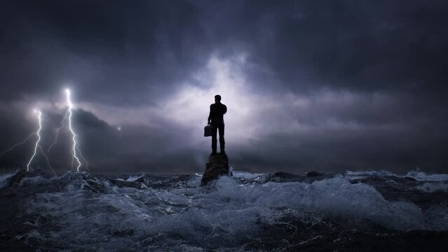 The businessman stands in the middle of a lightning ocean. The concept of a world crisis of business problems and depression in the business world.
