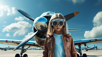 Girl standing in front of Airplane