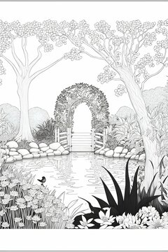 A coloring page of A flat coloring page of a spring garden with a pond a bridge and a variety of flowers surrounded by a enchanted forest fantasy niche inspired elements of spring hypermaximilist 