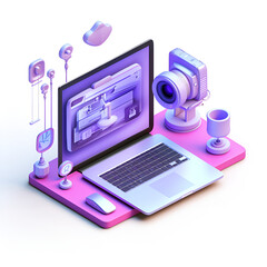 internet marketing and seo icon, with laptop, telephone and camera vector illustration, in the style of isometric