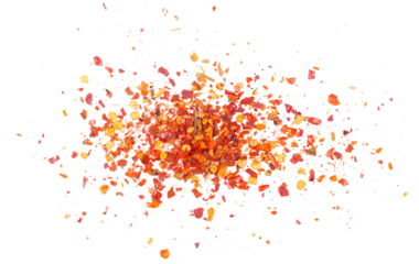 Spicy chili red pepper flakes, chopped, milled dry paprika pile isolated on white, top view