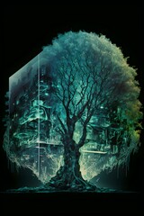 double exposure magnetic resonance of an ancient glowing magical tree set into a biophilic timeless masterpiece cencept art architectural cyberpunk glass metallic building dark night time backset by 