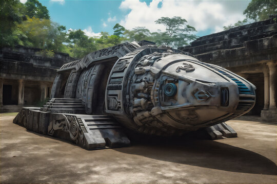 AI generative image of ancient aztec time traveling machine.