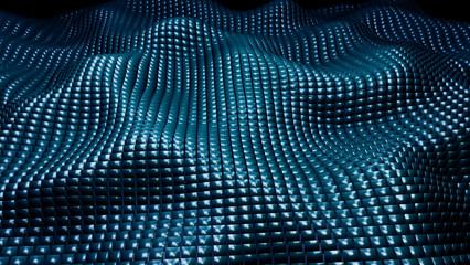 Dark blue mosaic background, 3d waves from square metal shapes, technology abstract modern wallpaper.