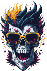 Fancy smiling skull in sunglasses with fantasy fire flames around isolated, vintage style flat sticker vector illustration