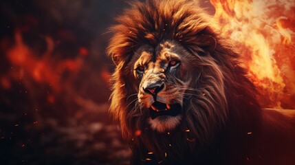Naklejka premium The Lion King amidst a fiery landscape. The Lion King in Bright Fire. The Lion King stands proudly with a majestic mane and a powerful gaze. Generative AI
