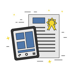 Vector linear illustration of learning from a gadget that results in an achievement with a paper award beside a tablet