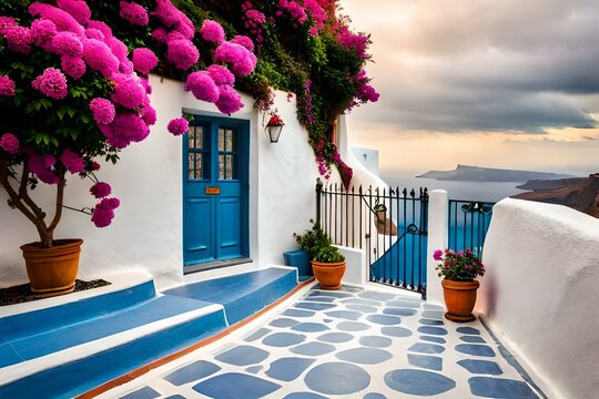 Sunny morning view of Santorini island. Picturesque spring sunrise on the famous Greek resort Oia, Greece, Europe. Traveling concept background. Artistic style post processed photo