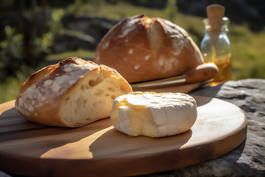 Queijo da Serra - soft, creamy cheese made from sheep's milk, served with bread and honey. AI generative image