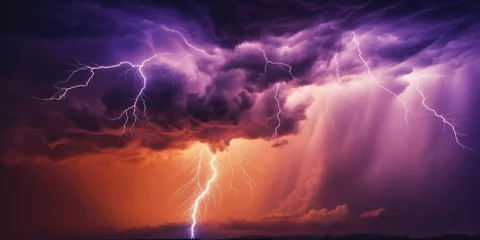 Foto auf Acrylglas Backstein Lightning thunderstorm flash over the night sky. Concept on topic weather, cataclysms (hurricane, Typhoon, tornado, storm), generative ai