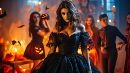 Supernatural Seduction: Witch in a Stunning Dress with a Fiery Pumpkin at the Halloween Party