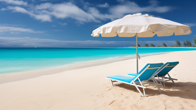 Beach chairs with umbrella and beautiful sand beach in Punta Cana, Dominican Republic. Panorama of tropical beach with white sand and turquoise water. Travel summer holiday background concept