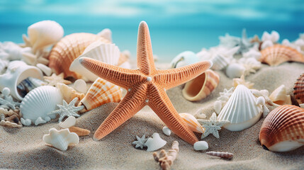 Fototapeta na wymiar Summer concept with sandy beach, shells and starfish.