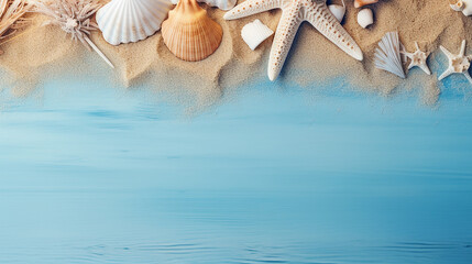 Summer time concept with sea shells and starfish on a blue wooden background and sand