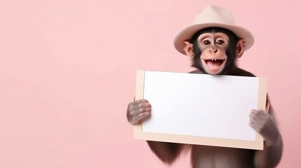Happy monkey holding up a blank whiteboard on isolated pastel color background, generative AI