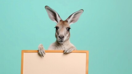 Kangaroo holding up a blank whiteboard on isolated pastel color background, generative AI