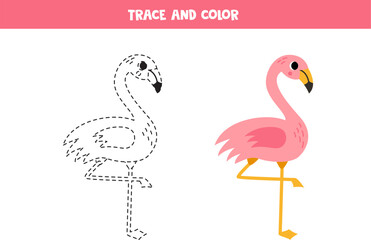 Trace and color cartoon flamingo. Worksheet for children.