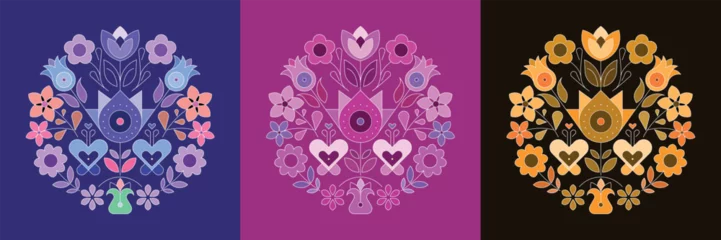 Gordijnen Three options of a round shape decorative floral design isolated on a different backgrounds, vector illustration. ©  danjazzia