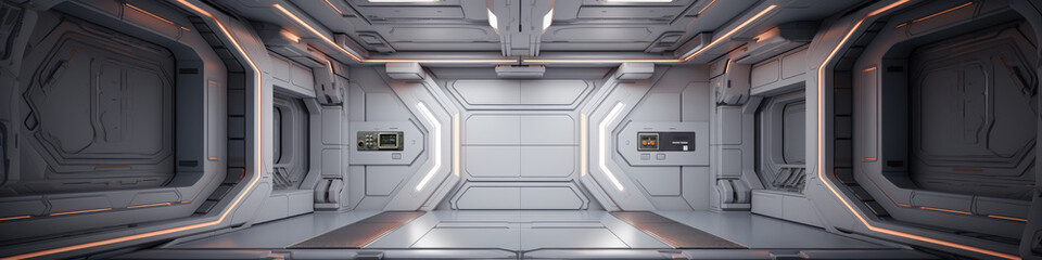 Space station or spaceship scifi style corridor or room. . Ultra modern sci-fi design. Generative AI.

