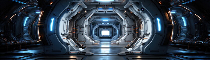 Space station or spaceship scifi style corridor or room. . Ultra modern sci-fi design. Generative AI.
 - obrazy, fototapety, plakaty
