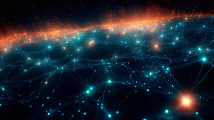 Obraz premium Abstract glowing virtual neural network of shining particles, ai generated