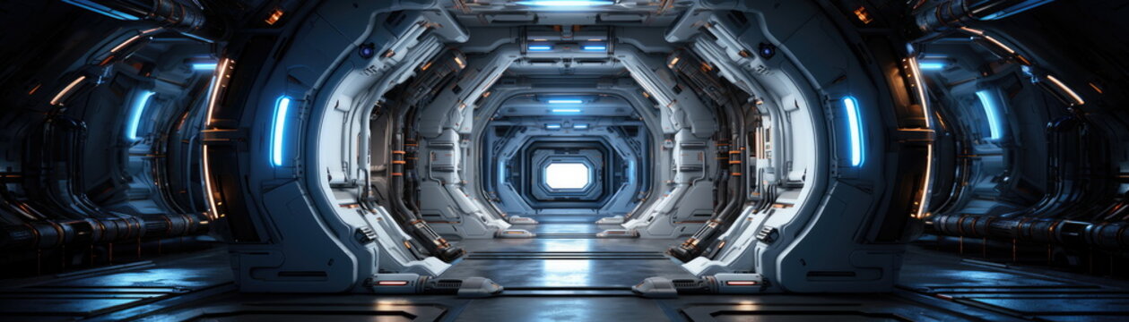 Space station or spaceship scifi style corridor or room. . Ultra modern sci-fi design. Generative AI.
