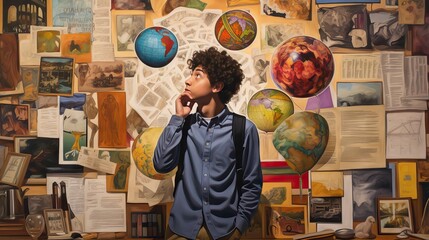 A curious student examining a bulletin board filled with diverse exciting extracurricular activities. Generative AI.