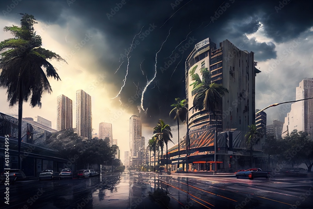 Wall mural tropical cyclone bringing rain and storm clouds to bustling cityscape, created with generative ai