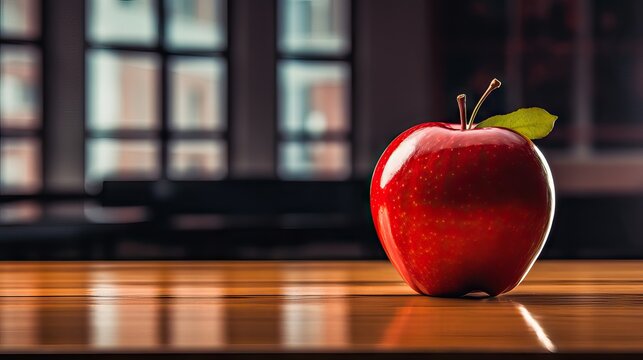 A bright red apple placed on a teacher’s desk, a classic symbol of education and learning. Generative AI.