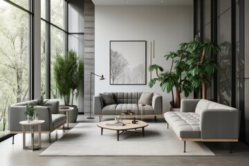 Obraz na płótnie Canvas upcycled furniture set in modern living room, with sleek upholstery and minimalist decor, created with generative ai