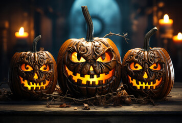 Enchanting Glow: Three Carved Pumpkins with Lights on a Dark, Smokey Background