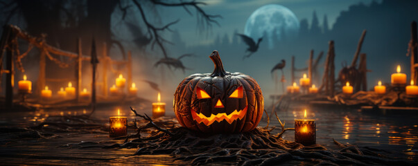 halloween pumpkin with fog and scary haunted forest in the background, horror concept